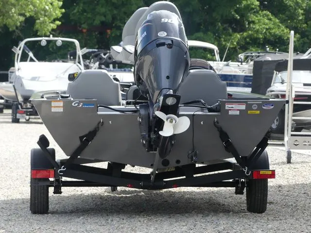 Slide: The Image of Rear view of 2026 G3 Sportsman 1710 boat on a trailer. - 6