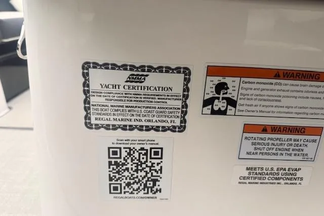 Slide: The Image of Yacht certification and safety warnings on a 2021 Regal 2800 Bowrider boat. - 10