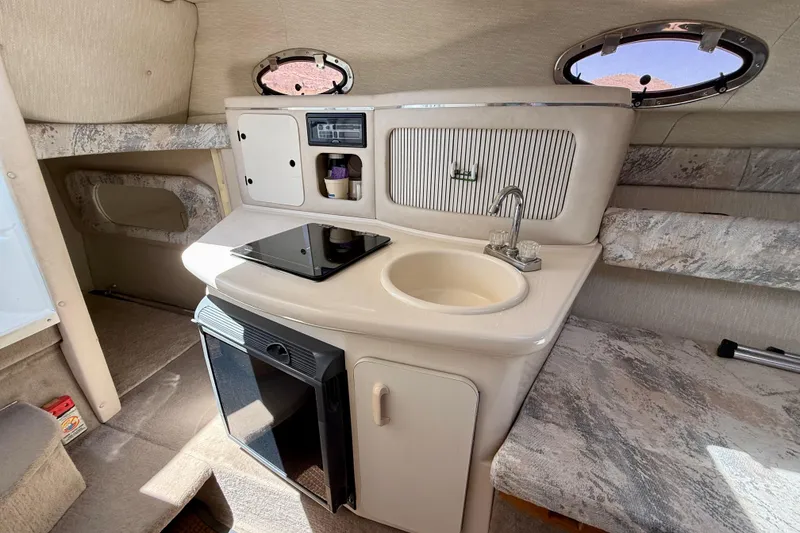 Slide: The Image of 1996 Sea Ray 250 Sundancer cabin interior with kitchenette, sink, and compact appliances. - 27