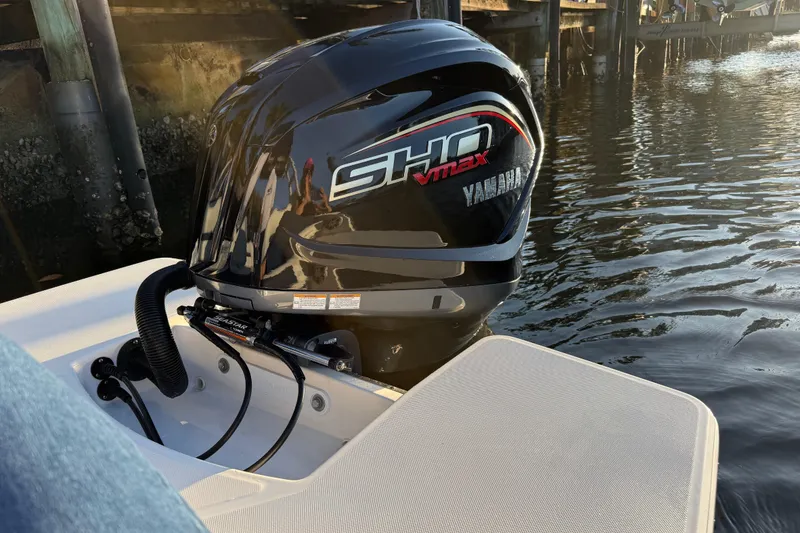 Slide: The Image of 2024 Regal LX2 boat with Yamaha SHO VMAX engine by the water. - 5