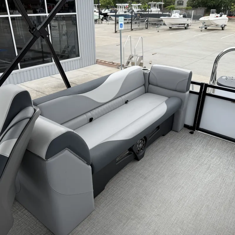 Slide: The Image of Interior of Avalon Venture 85 Quad Lounge 2025 with gray seating. - 13