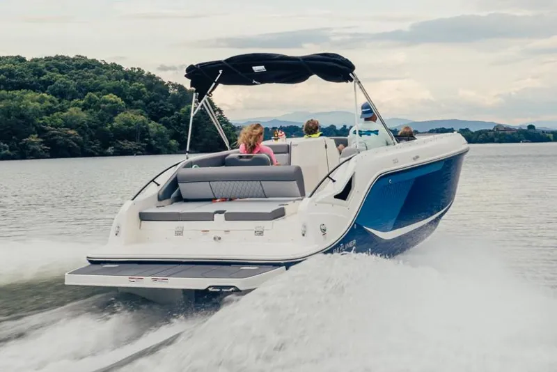 Slide: The Image of Manufacturer Provided Image: 2025 Bayliner D22I boat cruising on a lake with passengers, surrounded by lush greenery. - 3