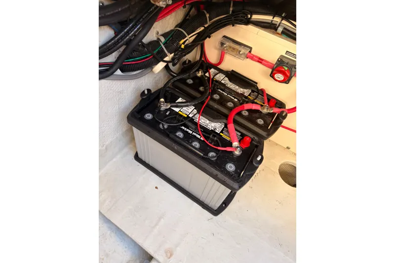 Slide: The Image of Battery setup in a 2014 Grady-White Freedom 335 boat, featuring red and black cables. - 43