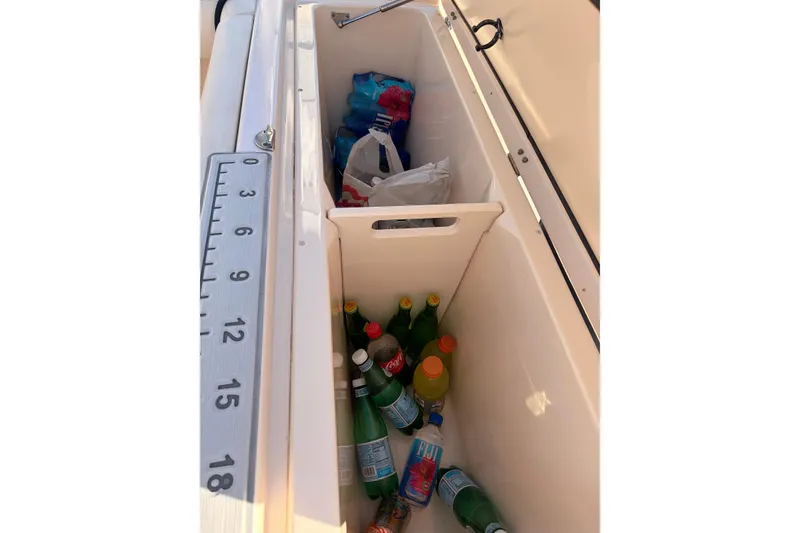Slide: The Image of Cooler on 2014 Grady-White Freedom 335 boat filled with drinks and supplies. - 44