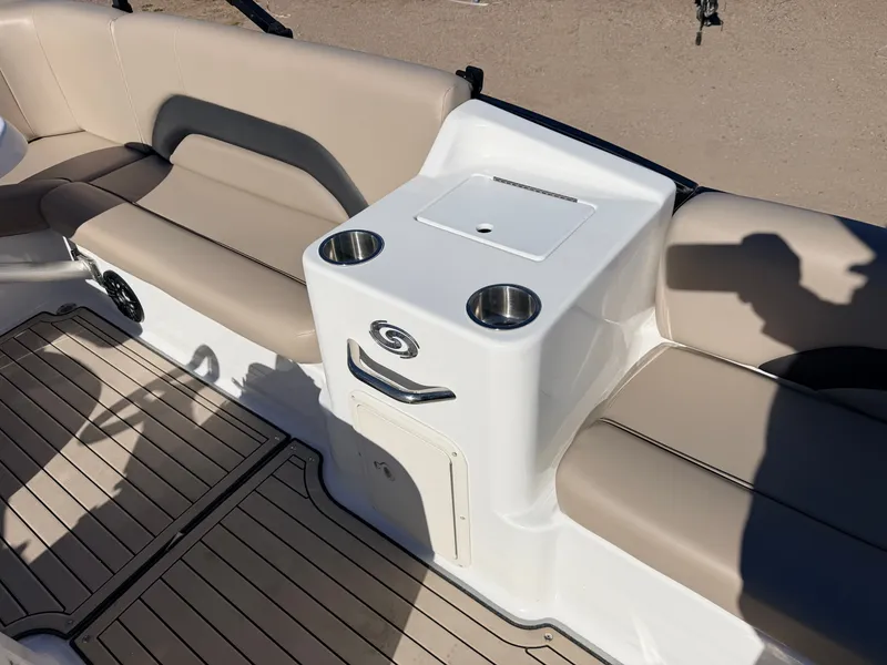 Slide: The Image of Interior of Hurricane Fun Deck 198 boat, beige seats, cup holders. - 21