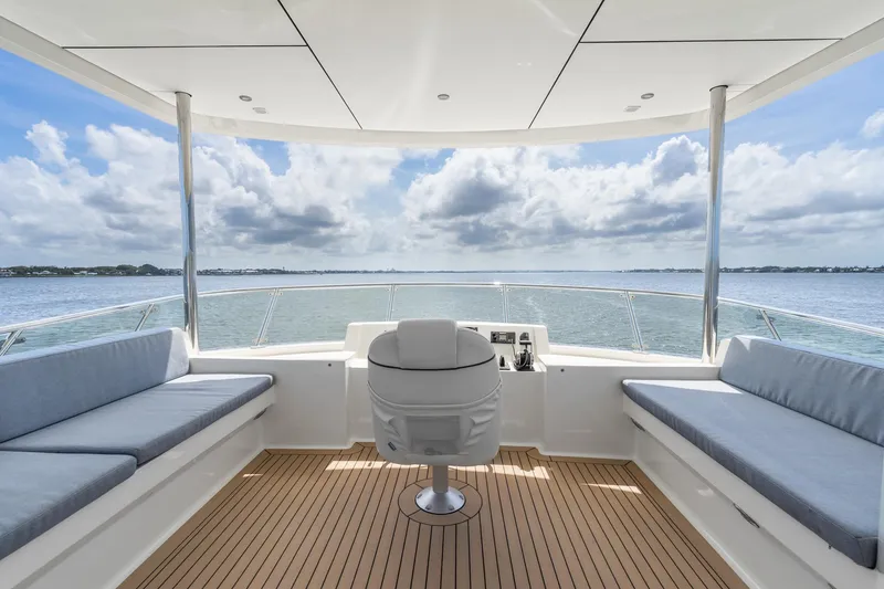 Slide: The Image of Luxurious 2022 Alm Trawler Delfino 64 yacht deck with ocean view and seating. - 18
