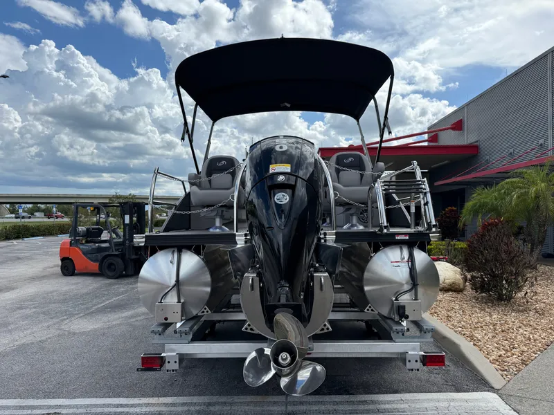 Slide: The Image of 2026 Barletta Aria 22F pontoon boat on trailer, exterior view. - 6