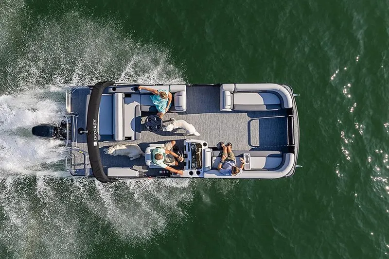 Slide: The Image of Manufacturer Provided Image: Aerial view of 2023 Godfrey SWEETWATER 2486 SFL pontoon boat cruising on water. - 8