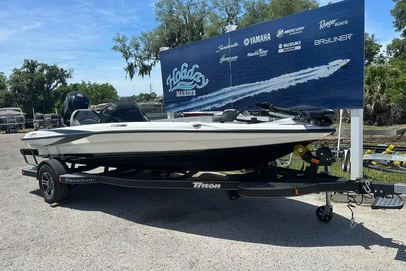 Slide: The Image of 2026 Triton 179 TrX boat on trailer at Holiday Marine dealership. - 1