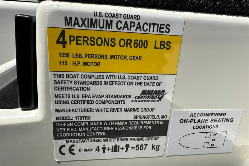 Slide: The Image of 2026 Triton 179 TrX boat capacity label, U.S. Coast Guard certified for 4 persons or 600 lbs. - 18
