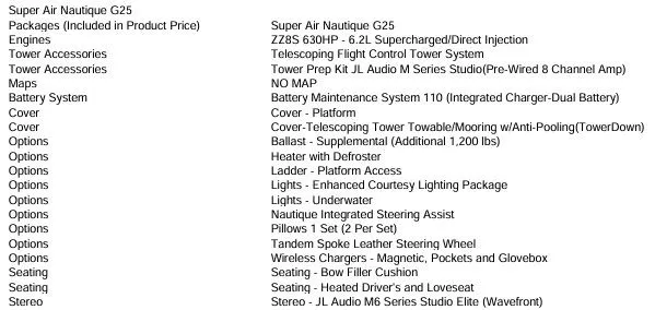 Slide: The Image of 2026 Nautique G25 boat features and options list. - 13
