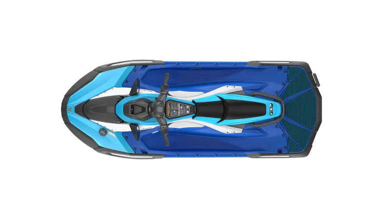 Slide: The Image of 2026 Yamaha JetBlaster DLX 2UP jet ski, top view, blue-black design. - 2