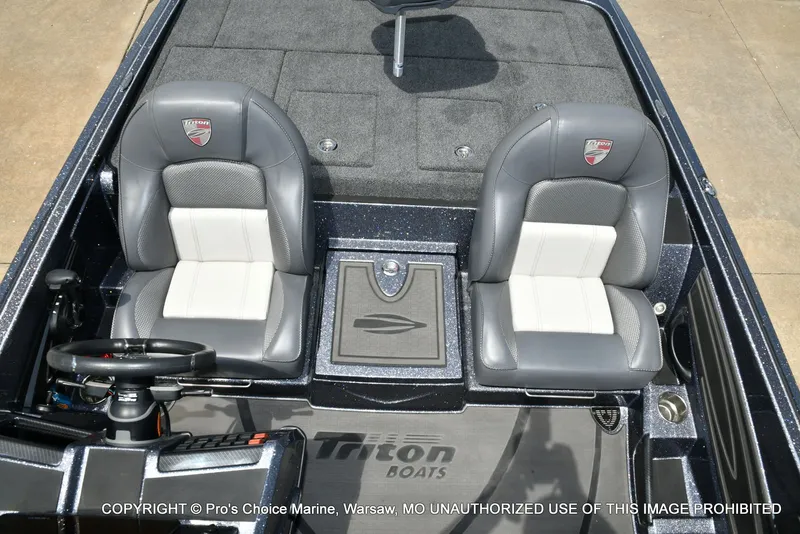Slide: The Image of Interior of 2024 Triton 20XP Patriot with gray seats. - 14