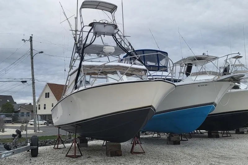 Slide: The Image of 1977 Bertram 28 Moppie boat on stands, alongside other boats, in a marina setting. - 27