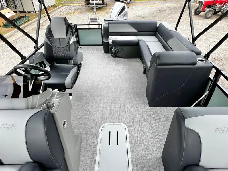 Slide: The Image of Interior of Avalon Venture 85 25' pontoon boat, luxurious seating, modern design. - 11