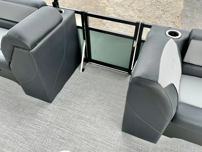 Slide: The Image of Interior of Avalon Venture 85 25' with gray seating and flooring. - 12