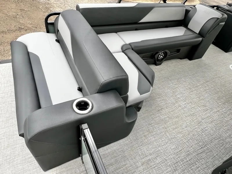 Slide: The Image of 2026 Avalon Venture 85 pontoon boat with rear bench and cup holder. - 19