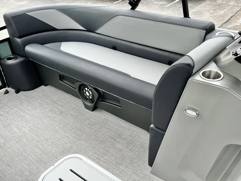 Slide: The Image of Interior of Avalon Venture 85 25' with gray rear bench. - 25