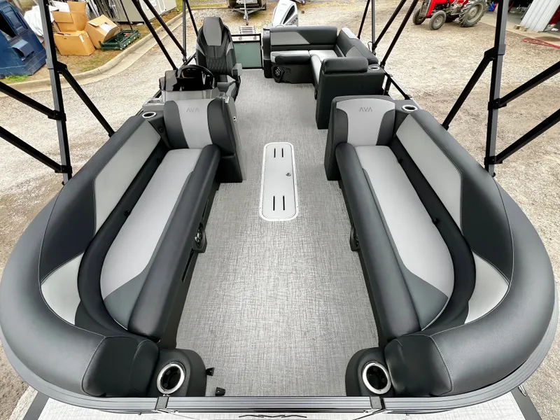 Slide: The Image of Interior of Avalon Venture 85 25' pontoon boat, luxurious seating, year 2026. - 8