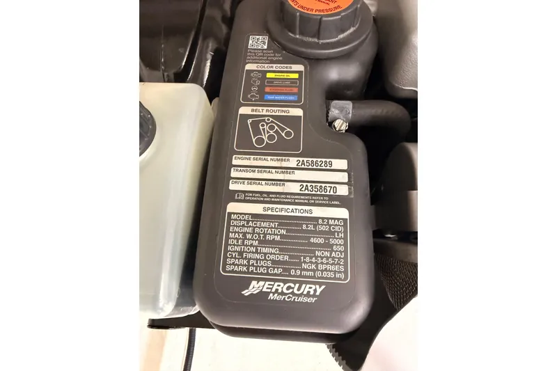 Slide: The Image of Mercury MerCruiser engine specifications label on 2020 Cruisers Yachts 390 Express Coupe. - 85