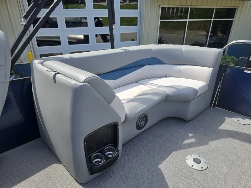 Slide: The Image of Interior of 2022 Manitou 23 Encore RF SHP with gray seating. - 15