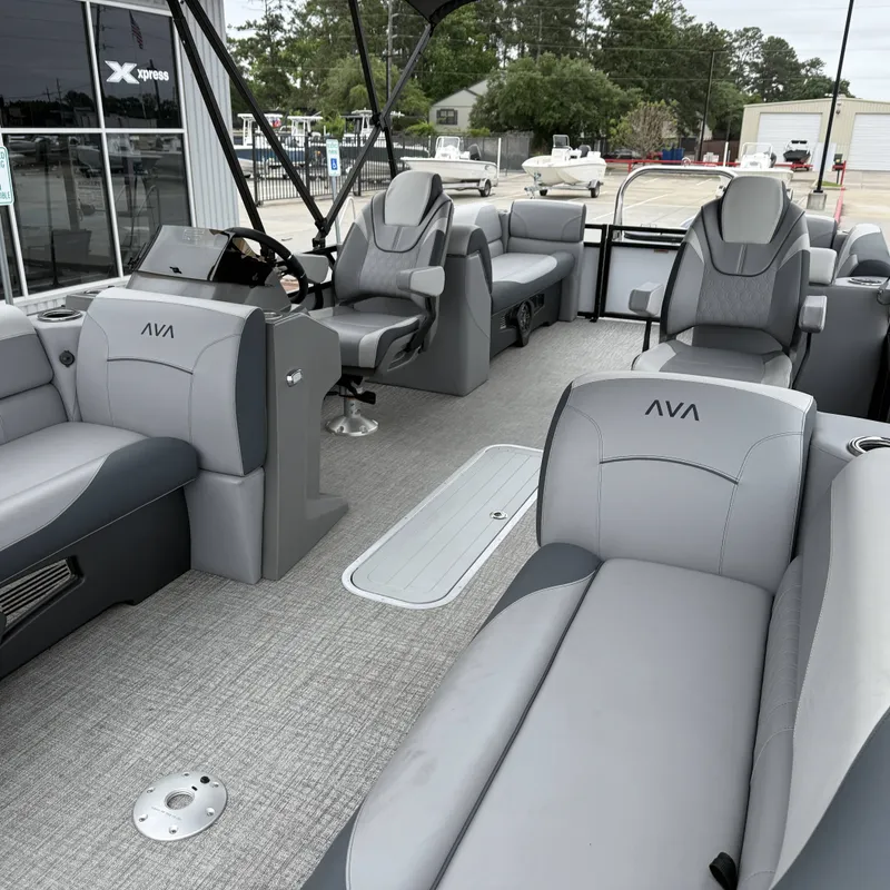 Slide: The Image of Interior of 2025 Avalon Venture 85 Quad Lounge with gray seating. - 29