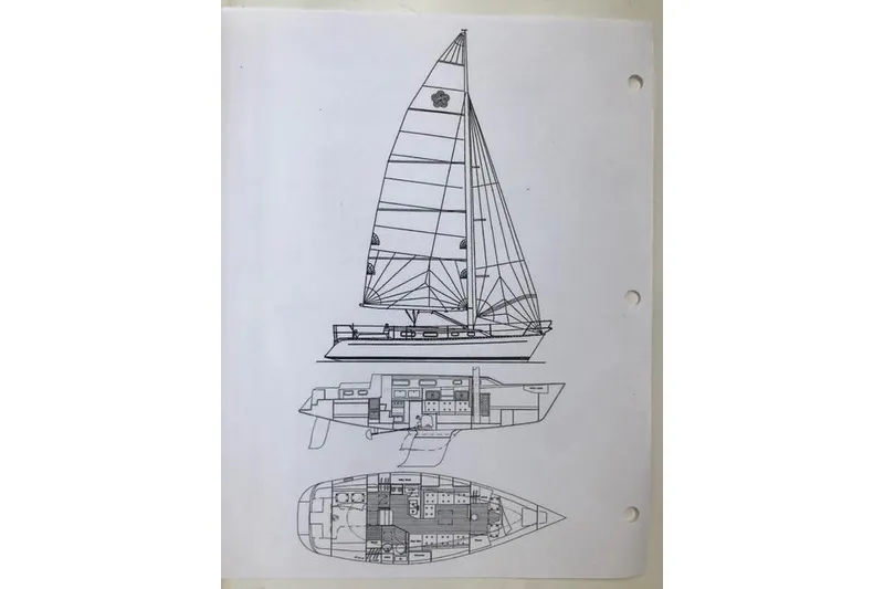 Slide: The Image of Blueprint of a 1996 Freedom 35 sailboat, showcasing side and top views. - 16
