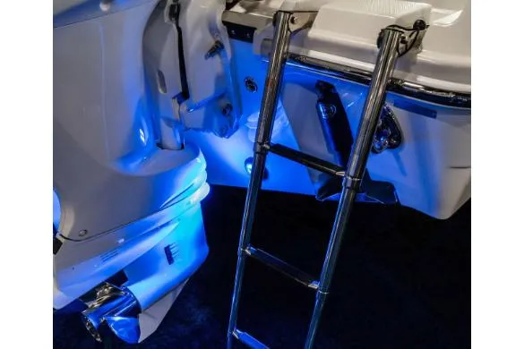 Slide: The Image of Manufacturer Provided Image: Stainless steel ladder on 2026 Edgewater 262CX Crossover boat with blue LED lighting. - 12