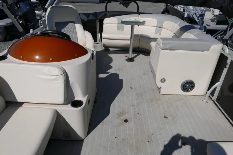 Slide: The Image of Luxurious 2022 Lexington 320HPT boat interior with white seating and modern design. - 8
