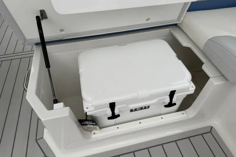 Slide: The Image of Storage compartment with cooler on 2026 Formula 360 Crossover Bowrider OB boat. - 46