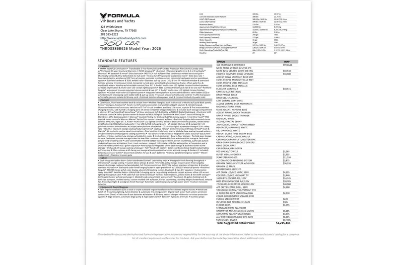 Slide: The Image of 2026 Formula 360 Crossover Bowrider OB specifications and features list with pricing details. - 57
