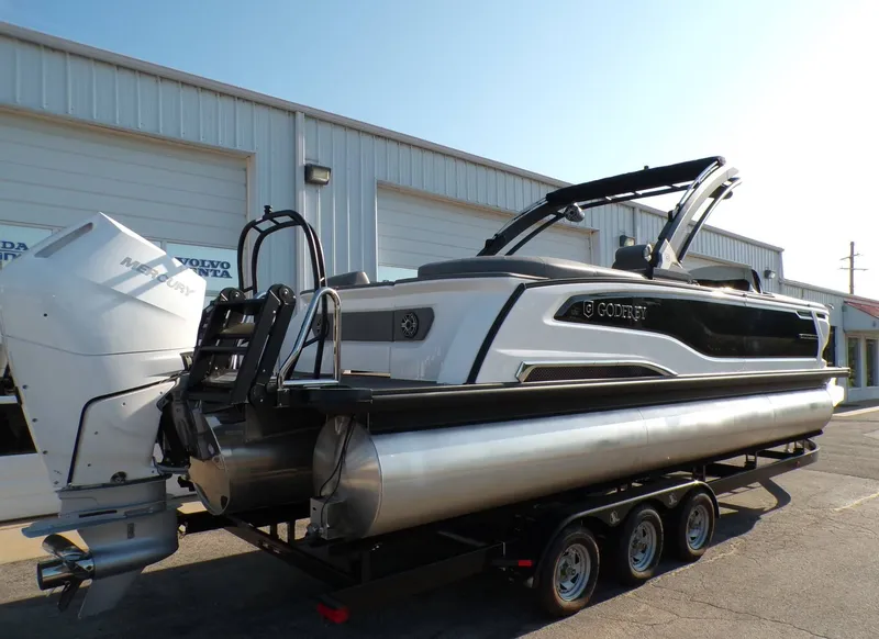 Slide: The Image of 2026 Godfrey Tritoon SanPan 2700 on trailer, side view. - 4