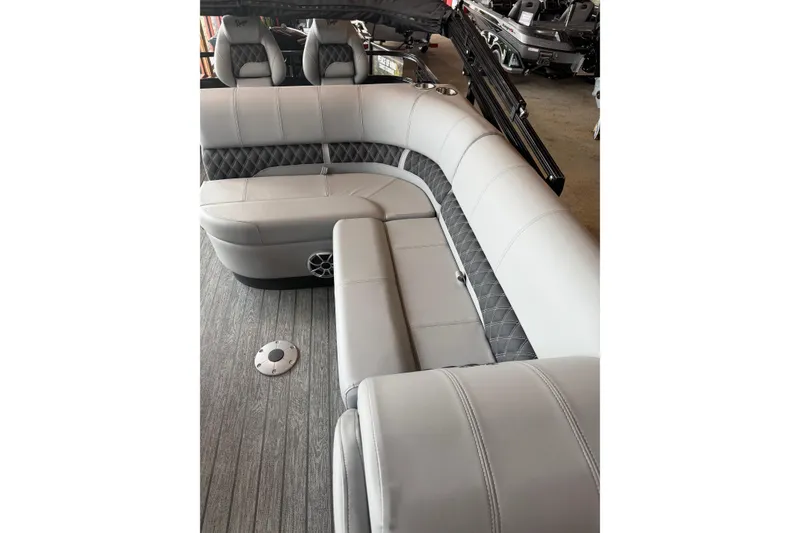 Slide: The Image of Luxurious seating on 2026 Ranger 223FC boat with elegant gray upholstery and diamond stitching. - 3