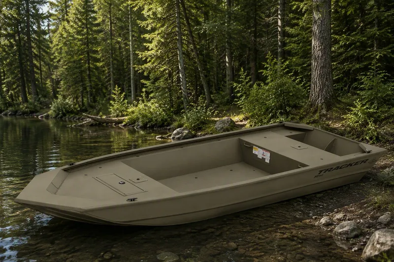 The Image of 2026 Tracker Grizzly 1648 Utility boat on a serene forest lake shore. - 0