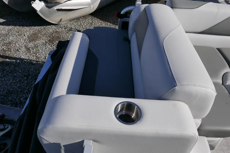 Slide: The Image of 2024 Avalon Venture Bow Fish 1575 boat seat with cup holder, gray upholstery. - 10