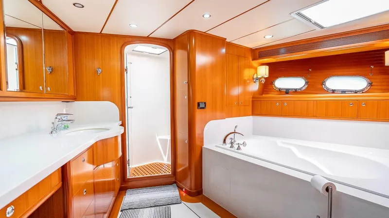 Slide: The Image of Luxurious bathroom in 2009 Nordhavn 76 yacht with wood paneling and modern fixtures. - 34