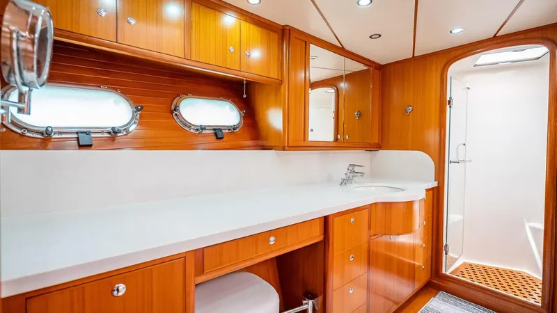 Slide: The Image of Luxurious bathroom interior of 2009 Nordhavn 76 yacht with wooden cabinetry and modern fixtures. - 35