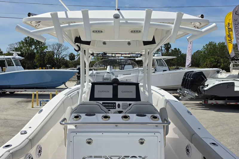 Slide: The Image of 2023 Sea Fox 288 Commander boat with Garmin navigation, docked at a marina. - 10