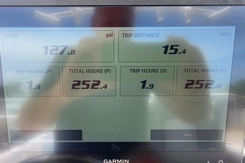 Slide: The Image of Garmin display showing Sea Fox 288 Commander trip data: 127.8 gallons used, 15.4 miles traveled. - 23