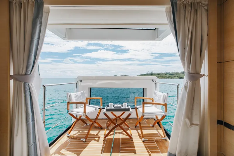 Slide: The Image of Luxurious Benetti Fast 125 yacht deck with ocean view, featuring elegant seating, 2018 model. - 19