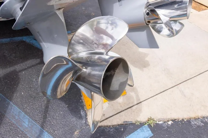 Slide: The Image of Close-up of a shiny propeller on a 2026 SeaHunter 33 Tournament boat. - 5