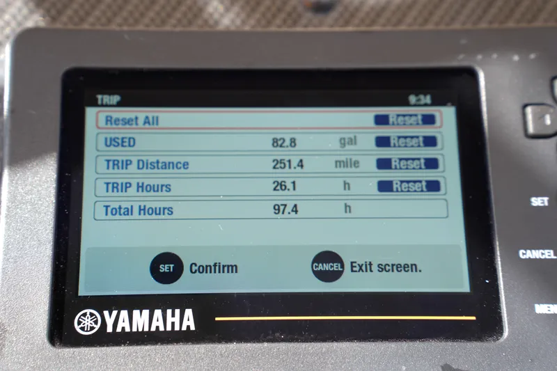 Slide: The Image of Yamaha display showing trip data: 82.8 gallons used, 251.4 miles traveled, 97.4 total hours. - 22