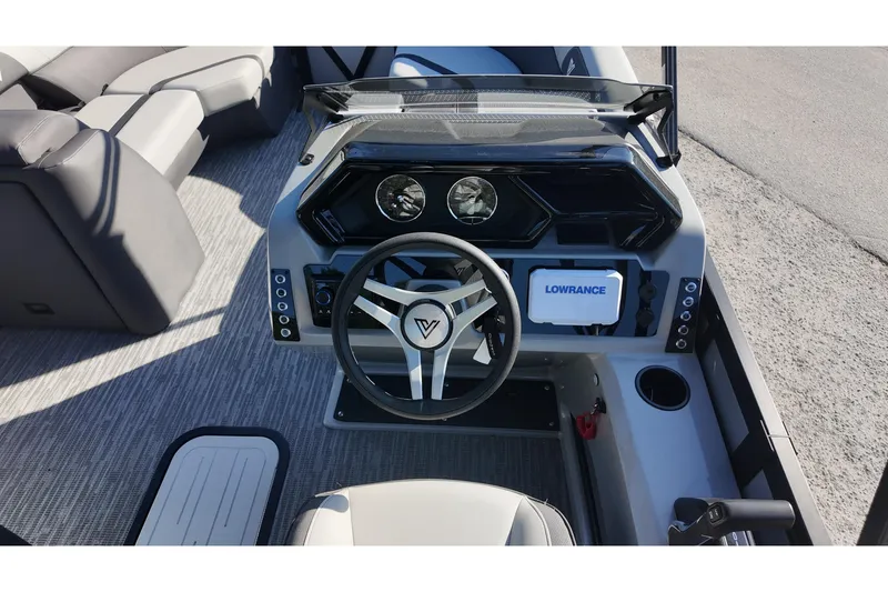 Slide: The Image of Steering console of 2026 Viaggio Lago X-R 22 boat with modern controls and Lowrance display. - 13