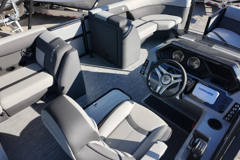 Slide: The Image of Interior of 2026 Viaggio Lago X-R 22 boat with modern seating and steering console. - 5