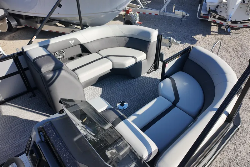 Slide: The Image of 2026 Viaggio Lago X-R 22 pontoon boat interior with gray seating and modern design. - 6