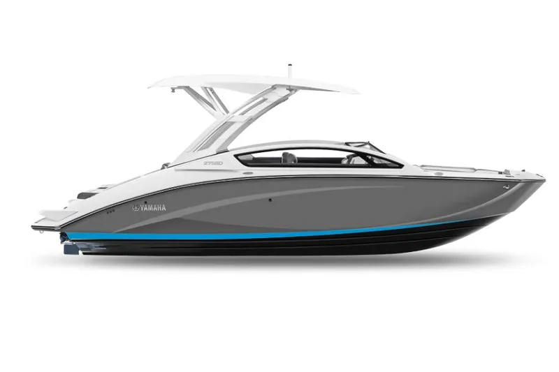 Slide: The Image of Manufacturer Provided Image: 2022 Yamaha Boats 275SD, sleek gray design with blue accents, side view. - 4