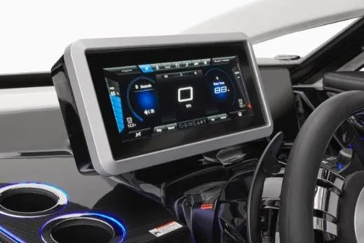 Slide: The Image of Manufacturer Provided Image: 2022 Yamaha Boats 275SD dashboard with touchscreen display and steering wheel. - 9