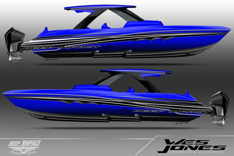 The Image of Blue Deep Impact 409 Sport boat design, 2027 model, with sleek lines and powerful engine. - 1