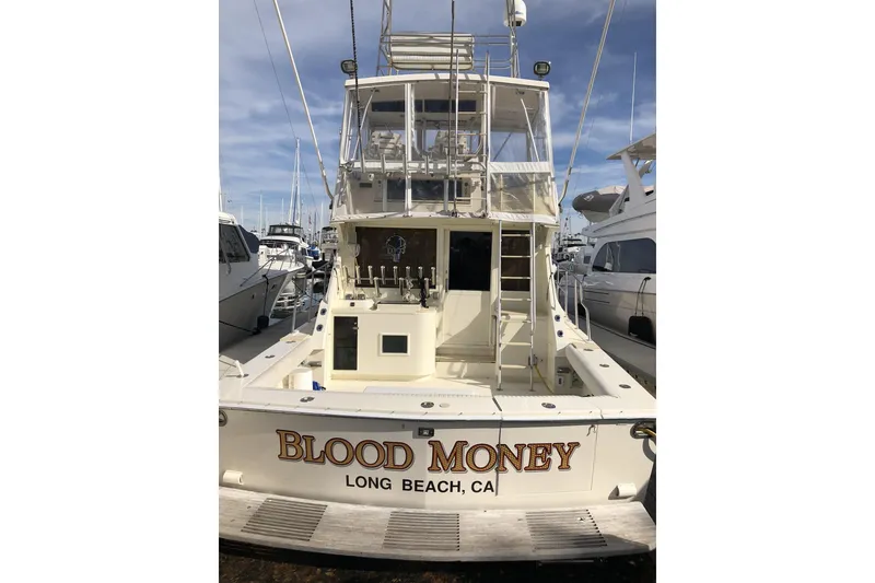 Slide: The Image of 1988 Viking 48 Convertible yacht named "Blood Money" docked in Long Beach, CA. - 4