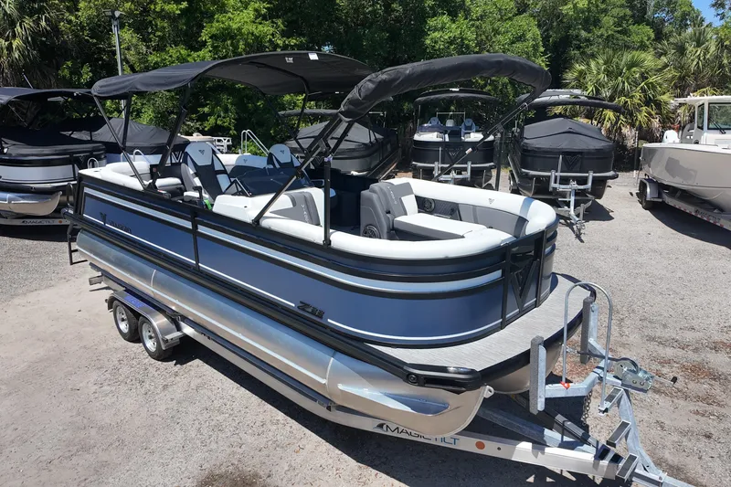 The Image of 2026 Viaggio Lago Z-U 22 pontoon boat on trailer, parked outdoors. - 0